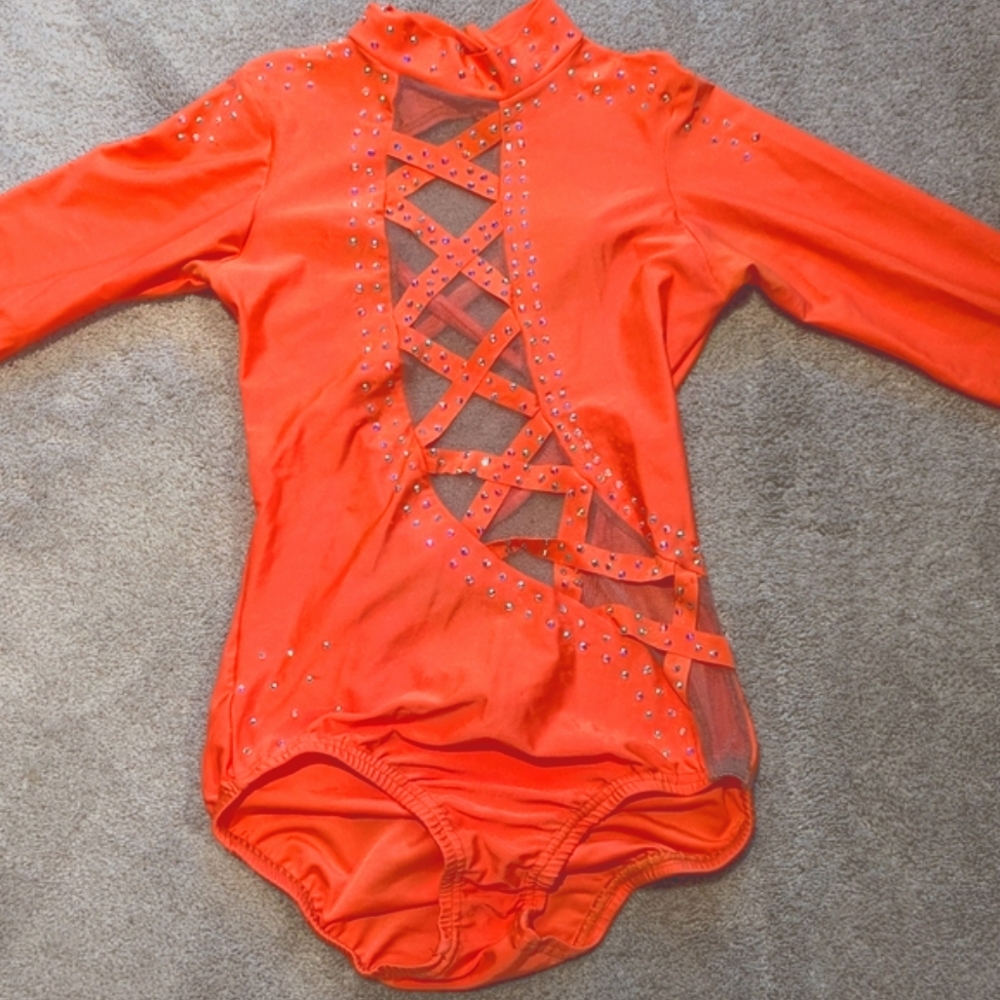 Bright orange dance leotard with rhinestones